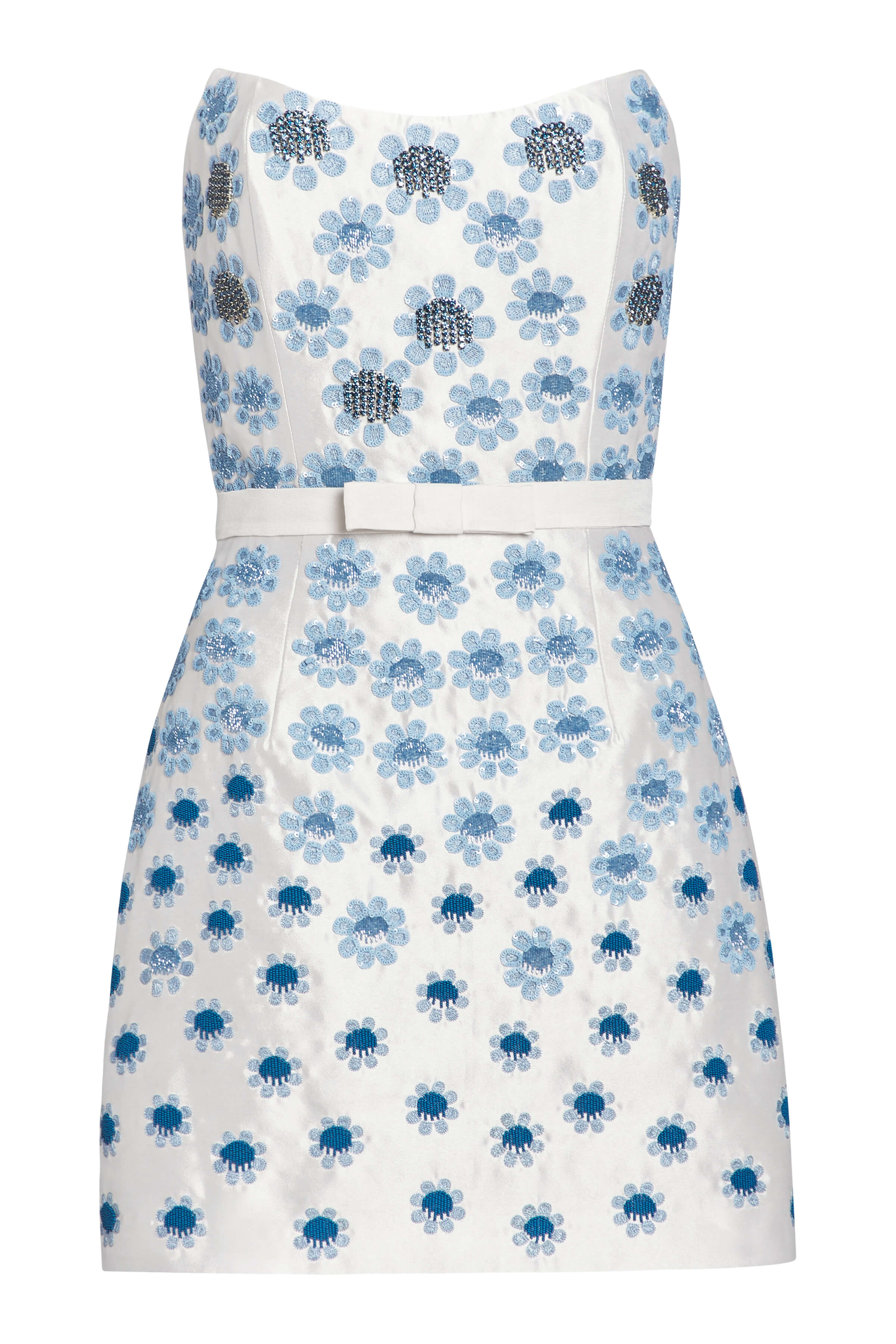 Lulu White Silk Mini Dress With Blue Daisy Beading