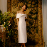 Eveline Off-The-Shoulder White Satin Dupioni Dress