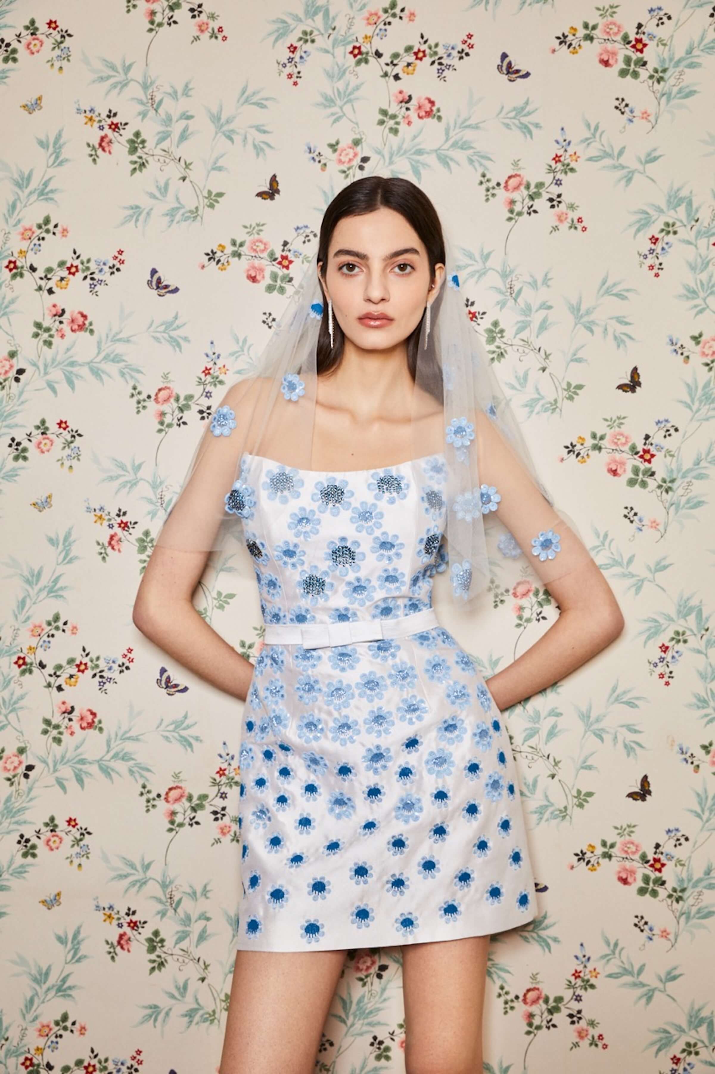 Lulu White Silk Mini Dress With Blue Daisy Beading