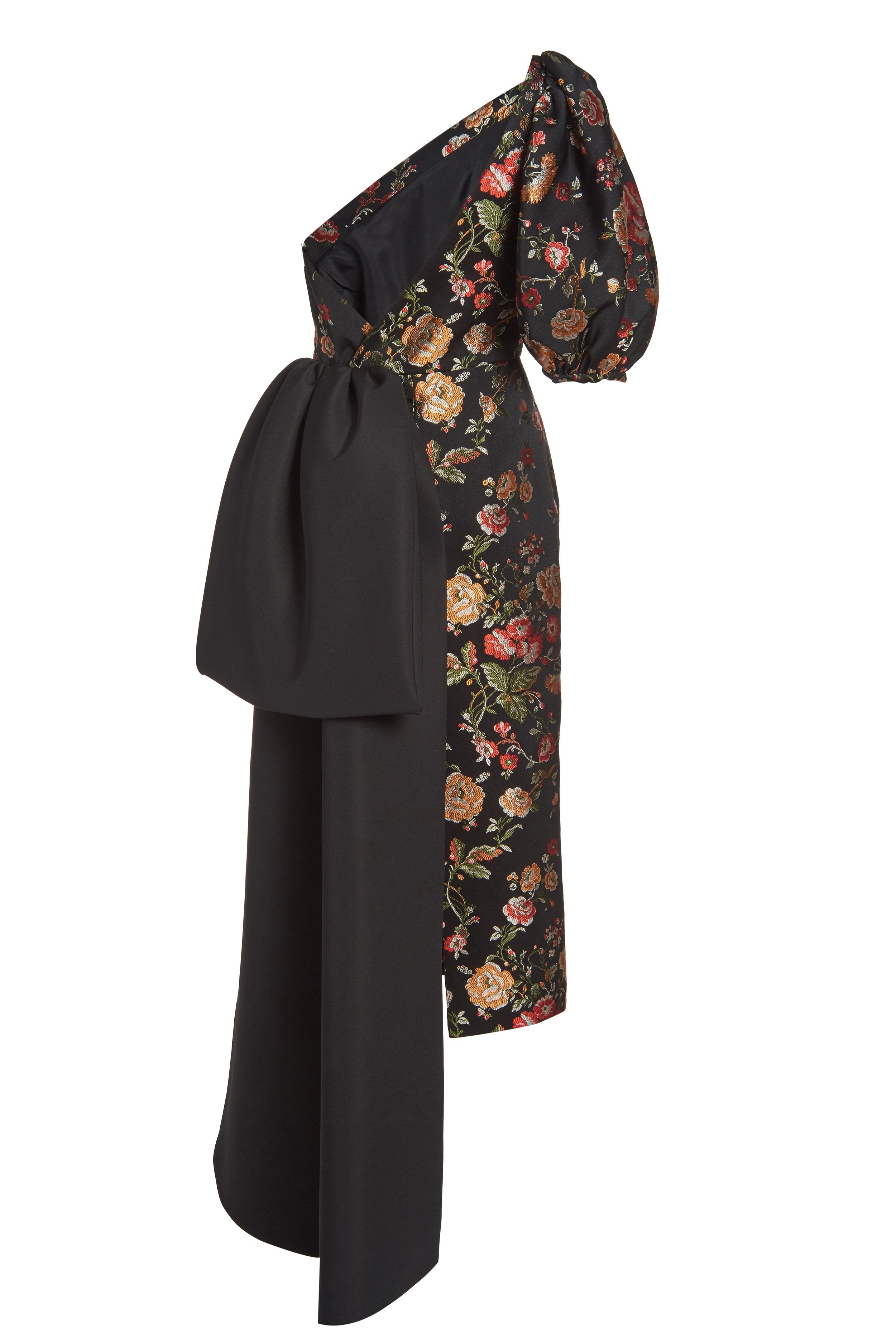 Drusa Black Brocade One Shoulder Dress