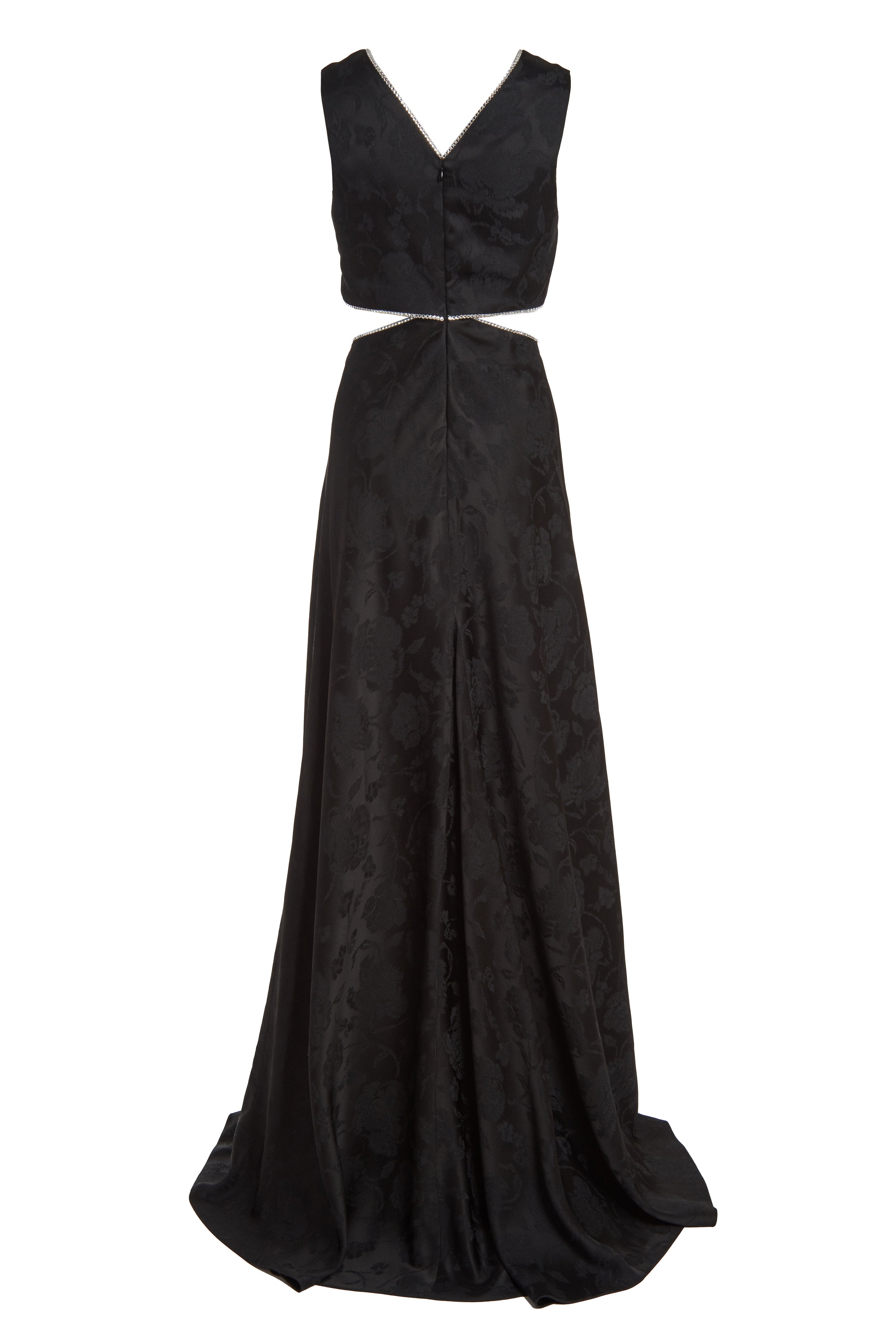 Pyrra Black Jacquard Cut Out Gown with Swarovski Crystal Trim