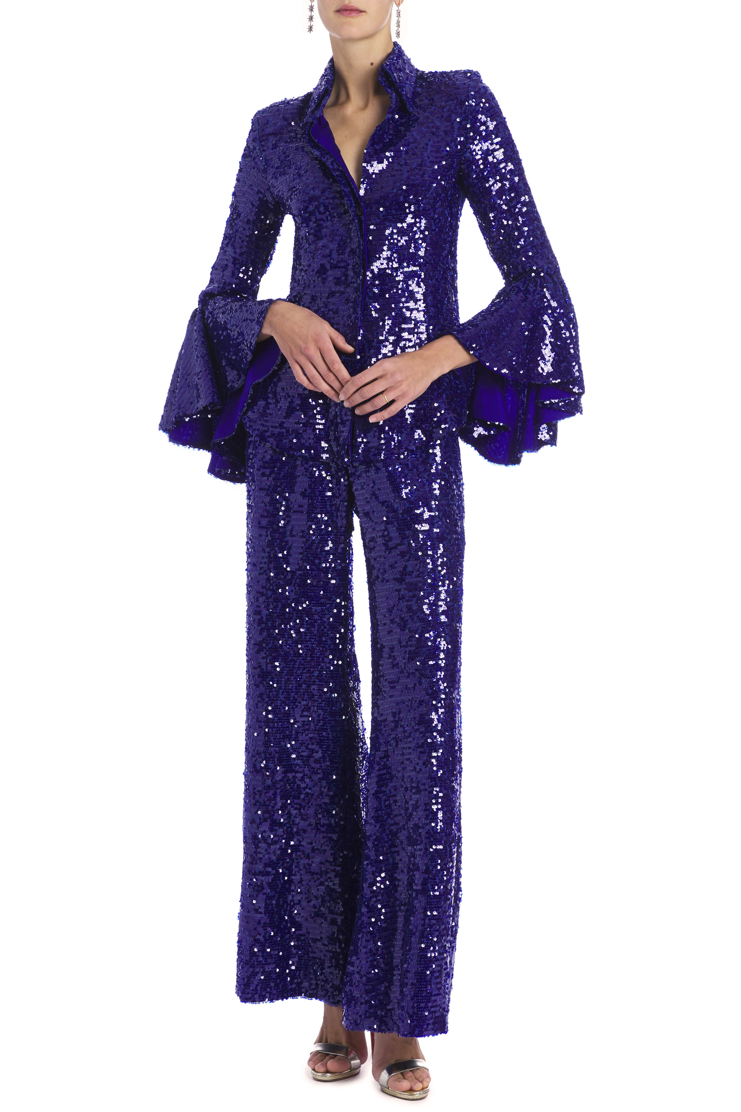 Wilma Cobalt Sequin Ruffle Sleeved Button Down Top