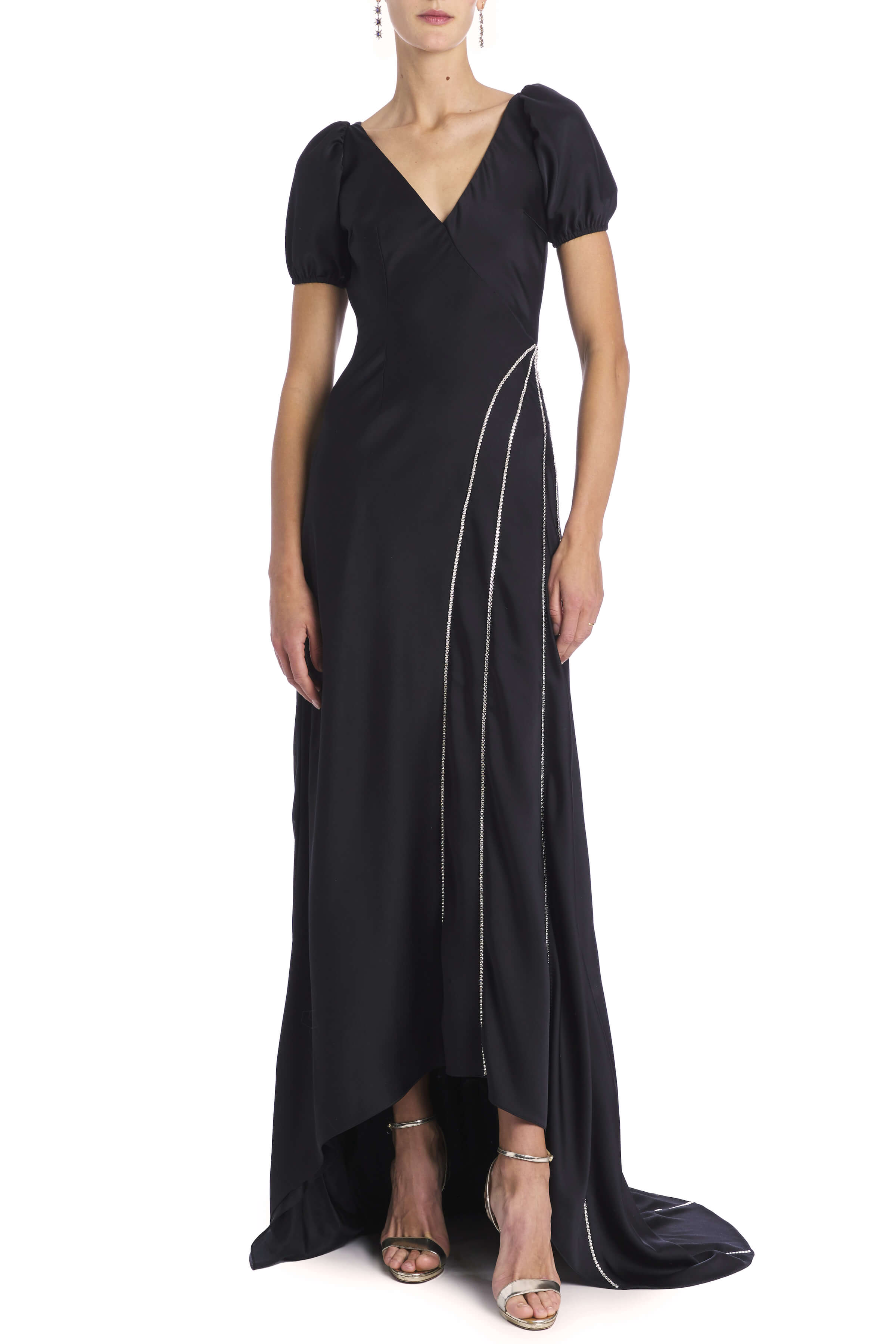 Maxine Black Puff Sleeve Crepe Gown With Swarovski Crystal Seam Details