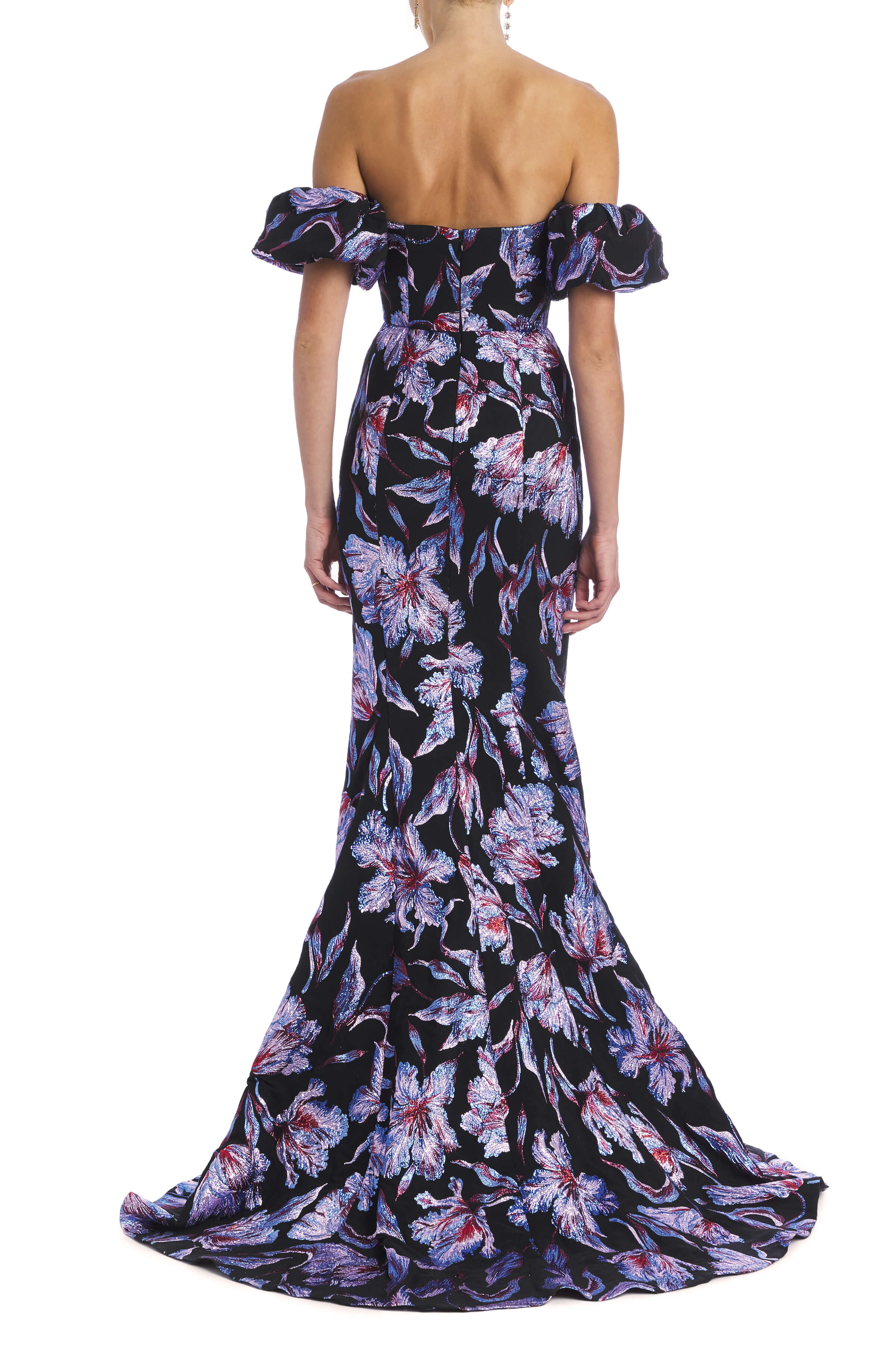 Astaire Hibiscus Metallic Brocade Strapless Sweetheart Neckline Gown With Off The Shoulder Puff Sleeves