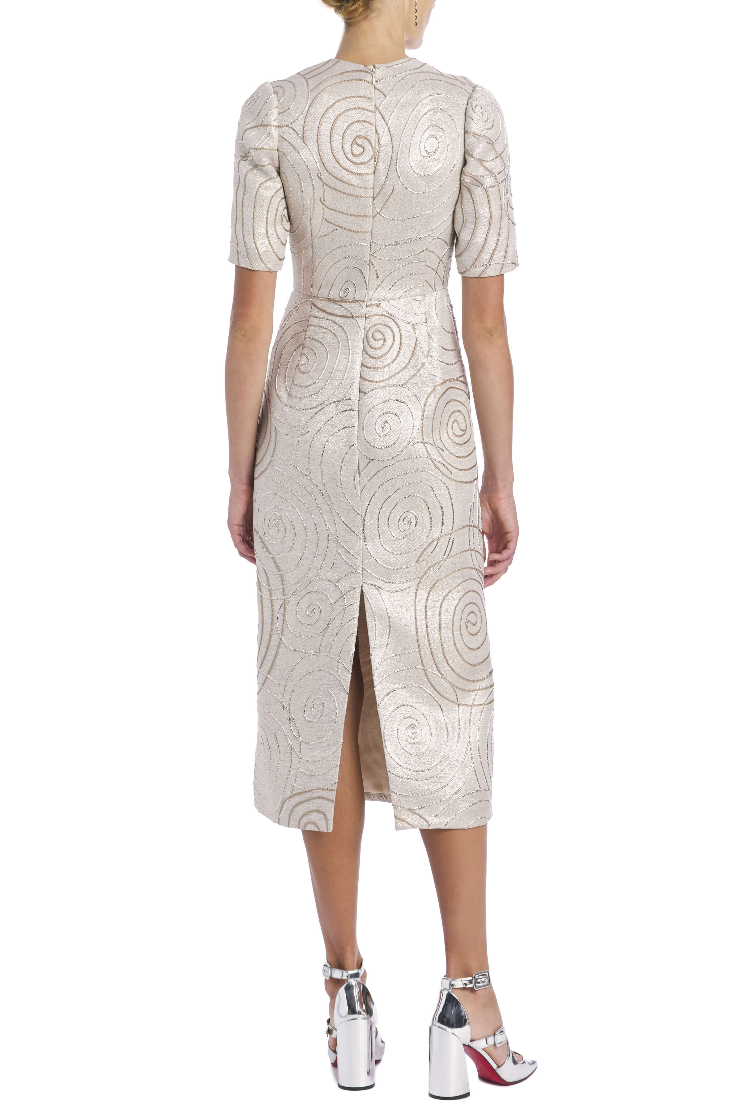 Gladys Metallic Swirl Brocade Short Sleeve Midi Dress