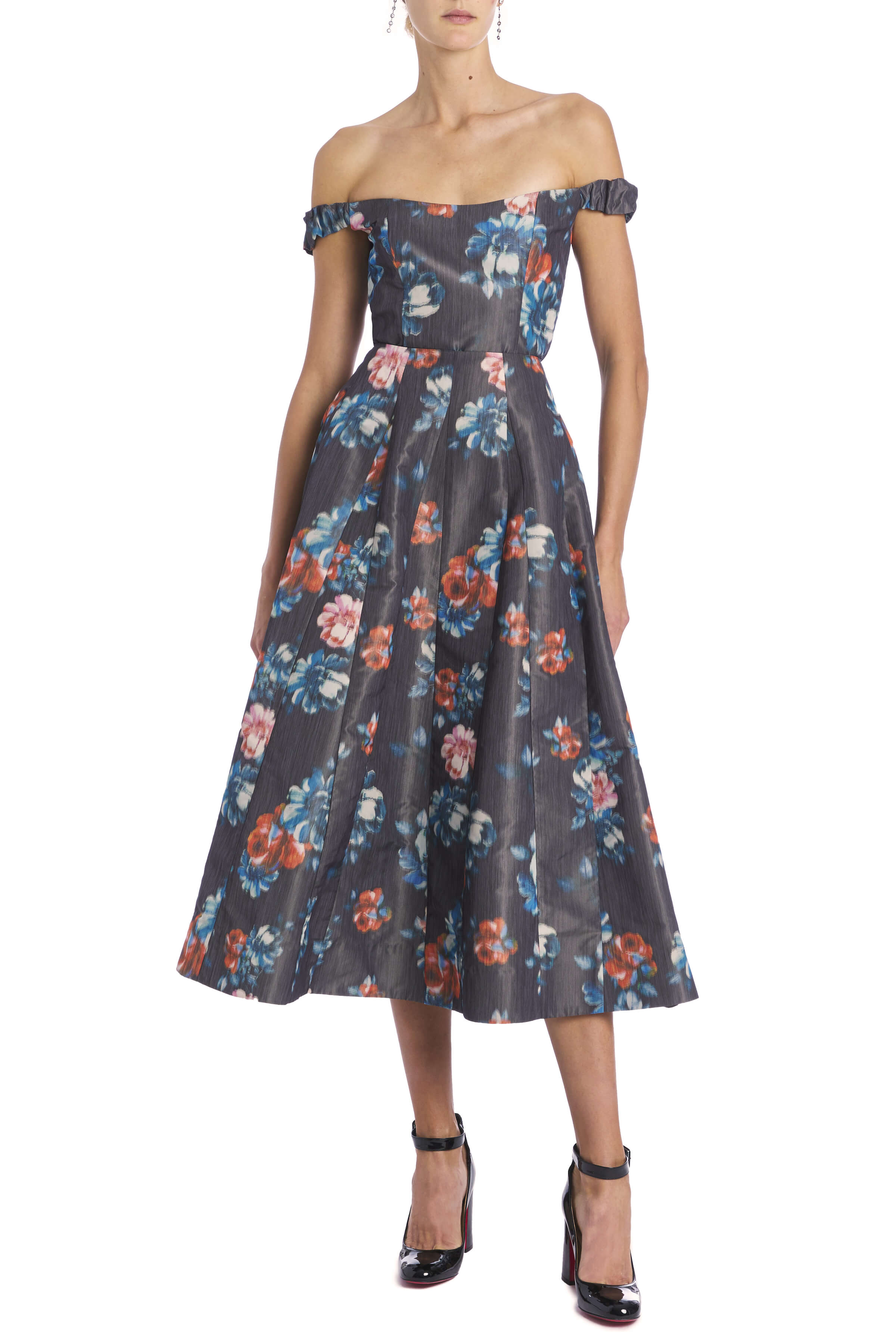 Marjorie Dark Floral Ikat Full Skirt With Godet Panels