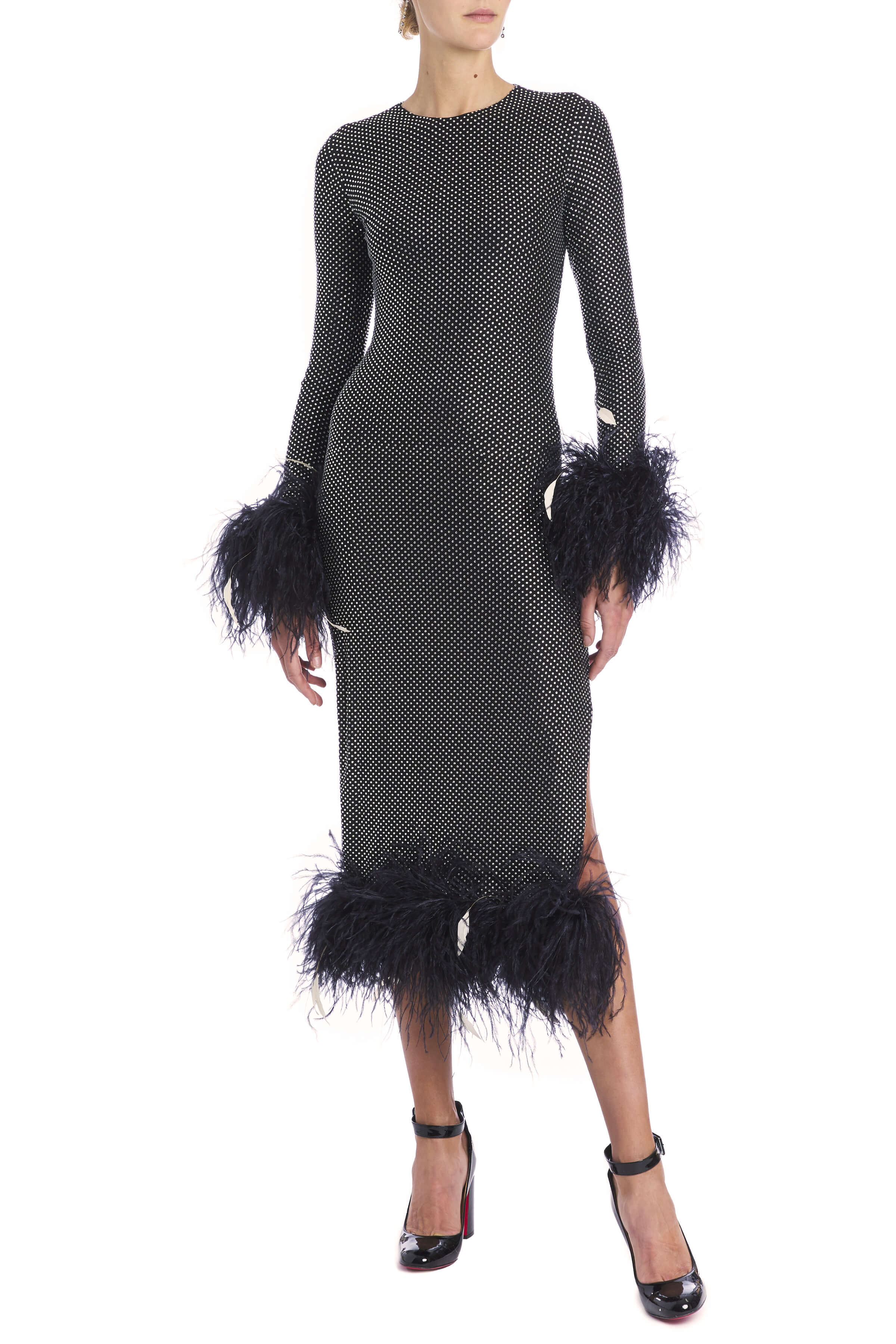 Aretha Crystal Long Sleeve Midi Dress With Feather Trim