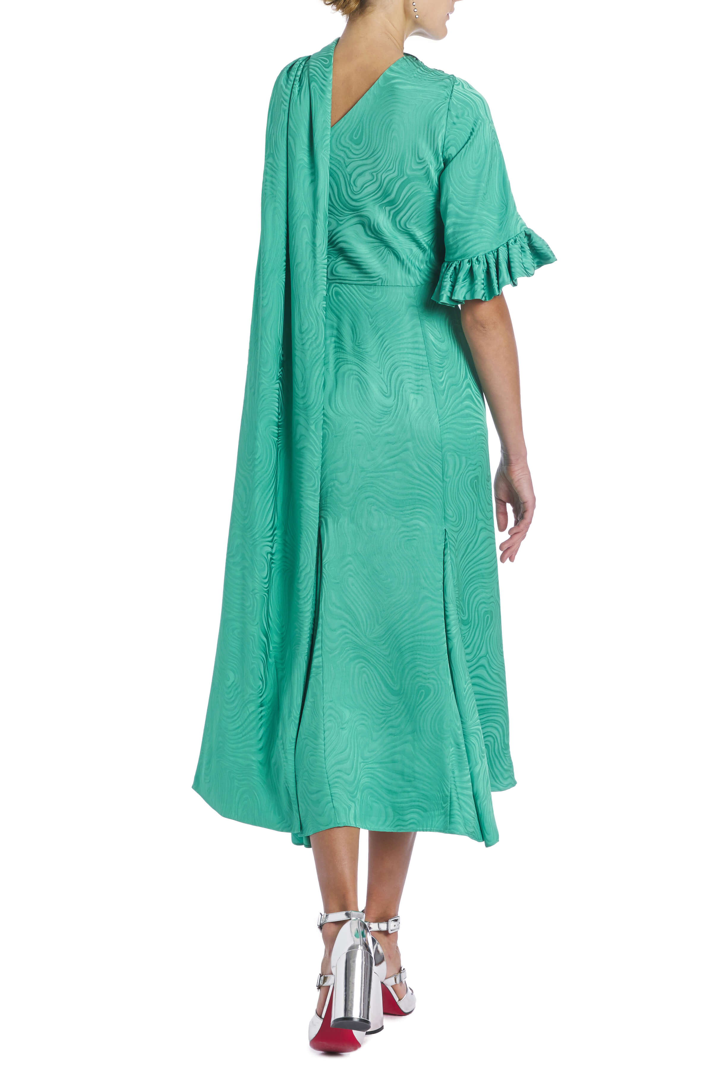 Fitzgerald Jade Woodcut Jacquard One Shoulder Ruffle Sleeve Midi Dress With Scarf