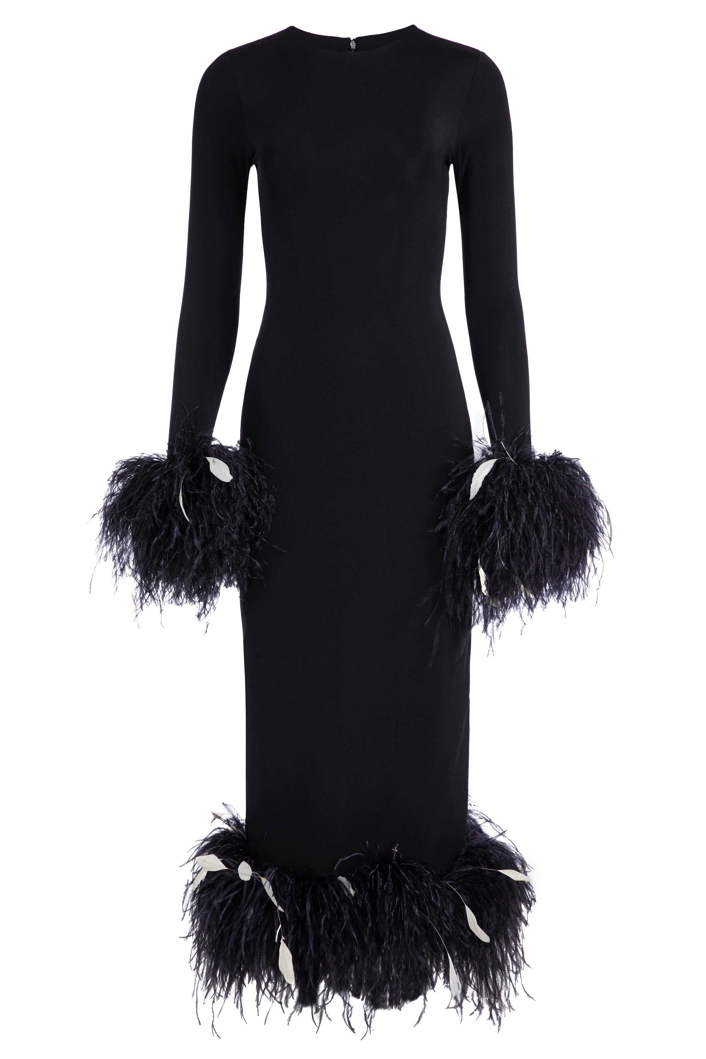 Markarian Aretha Black Long Sleeve Midi Dress with Feather Trim 8