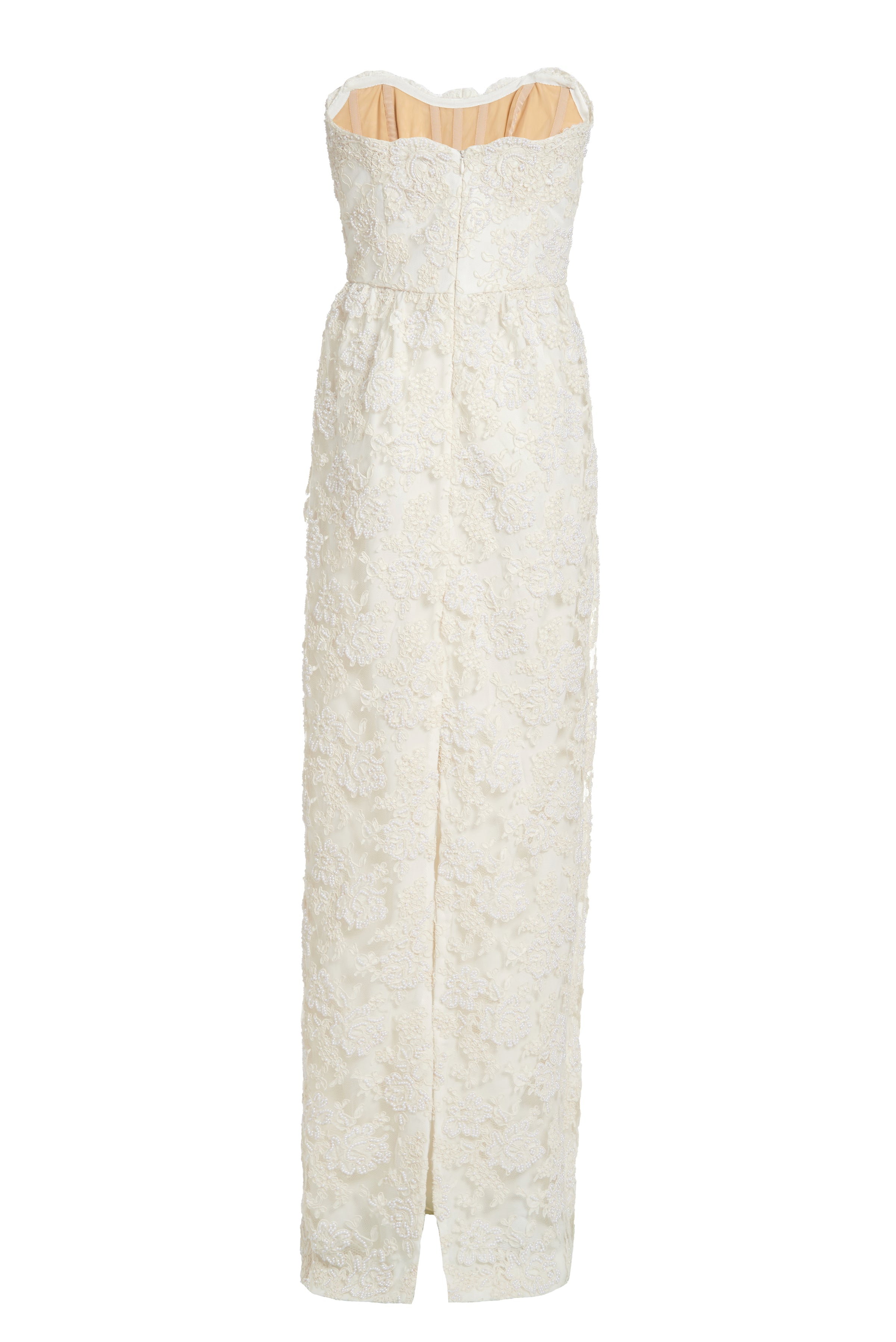 Evora Pearl Beaded White Lace Gown with Large Detachable Bow