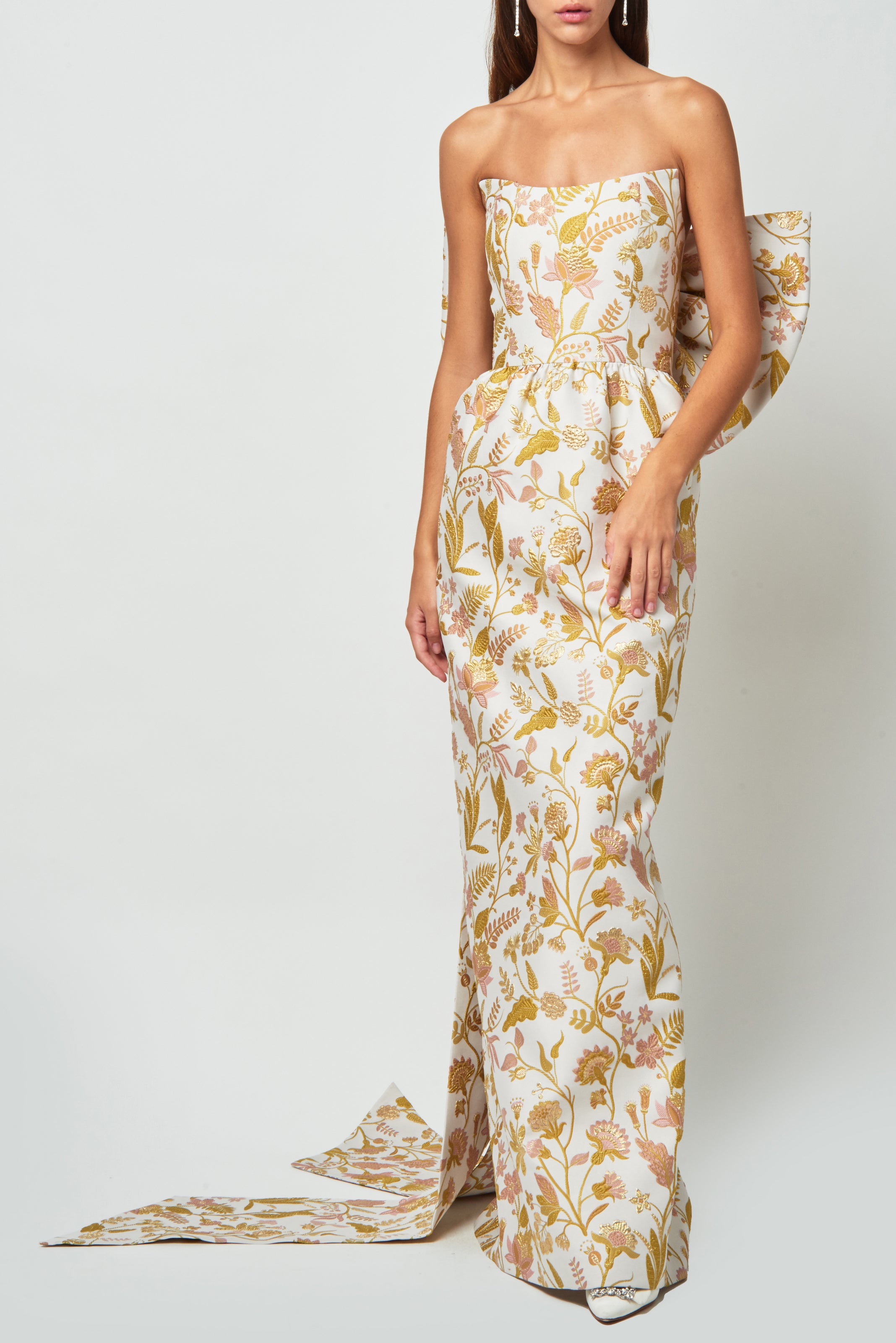 Evora Bow-Detailed Floral Brocade Strapless Gown
