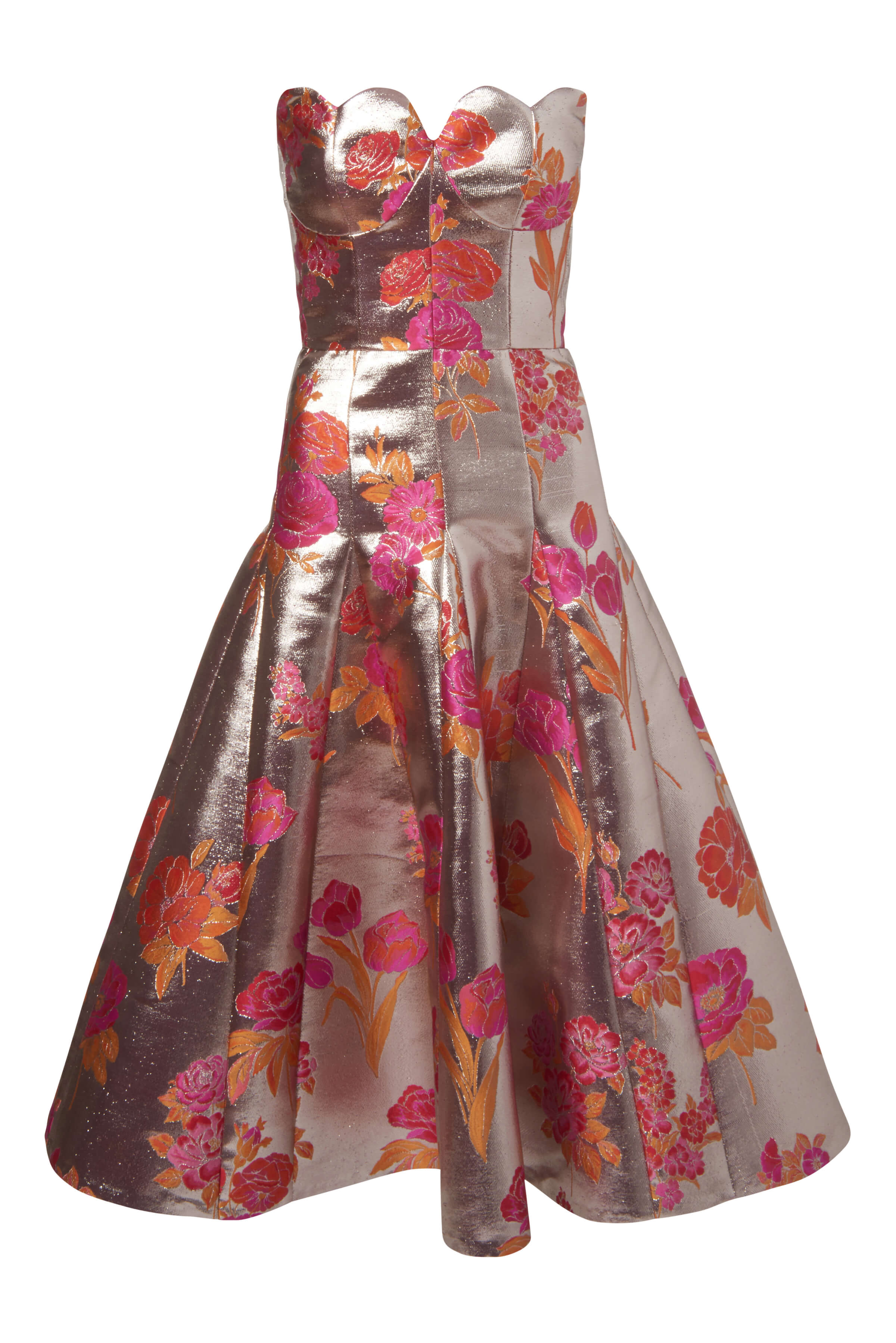 Nicolette Metallic Floral Jacquard Strapless Petal Neckline Dress