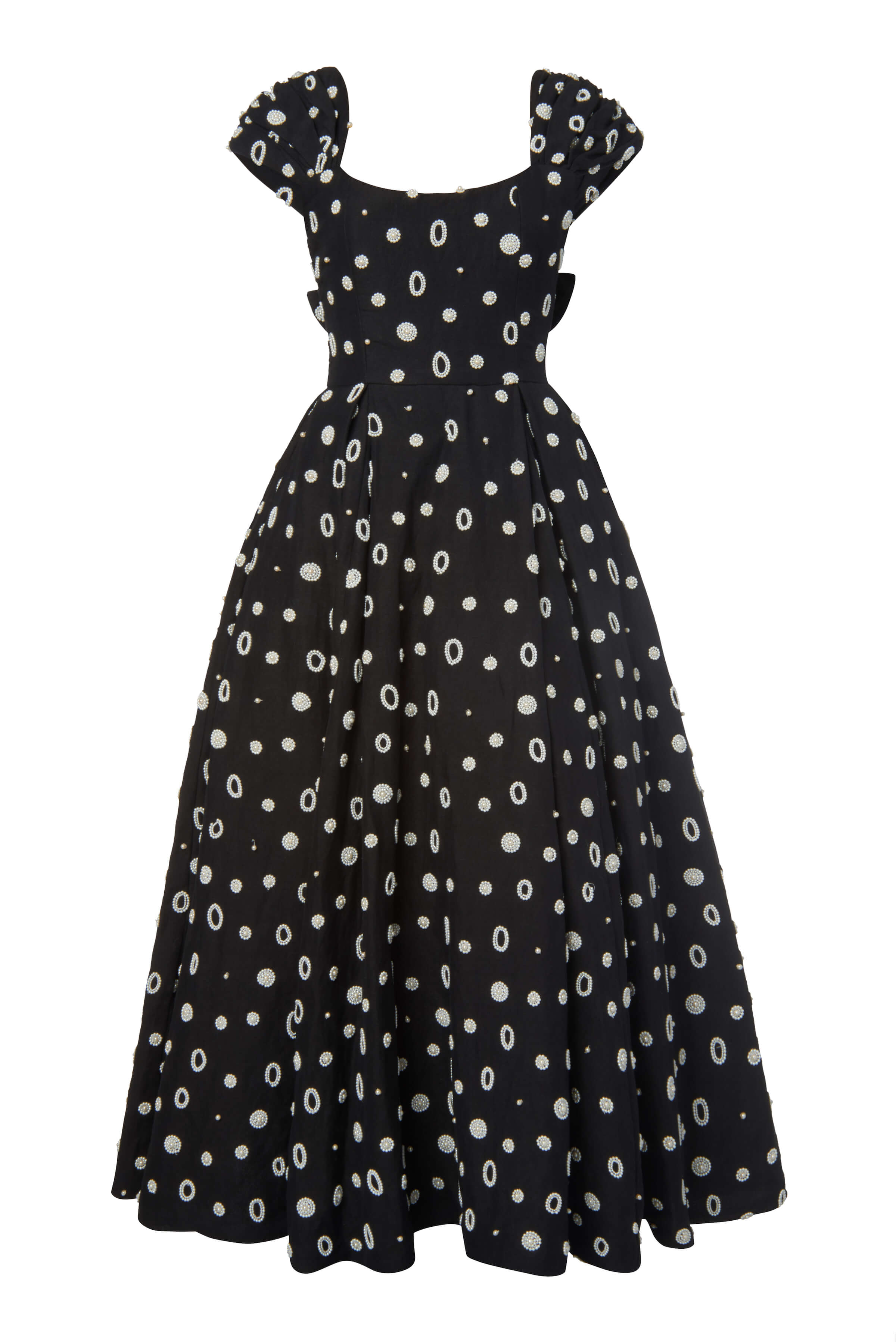 Belladonna Black Embroidered Pearl Cap Sleeve Dress with Bow Details