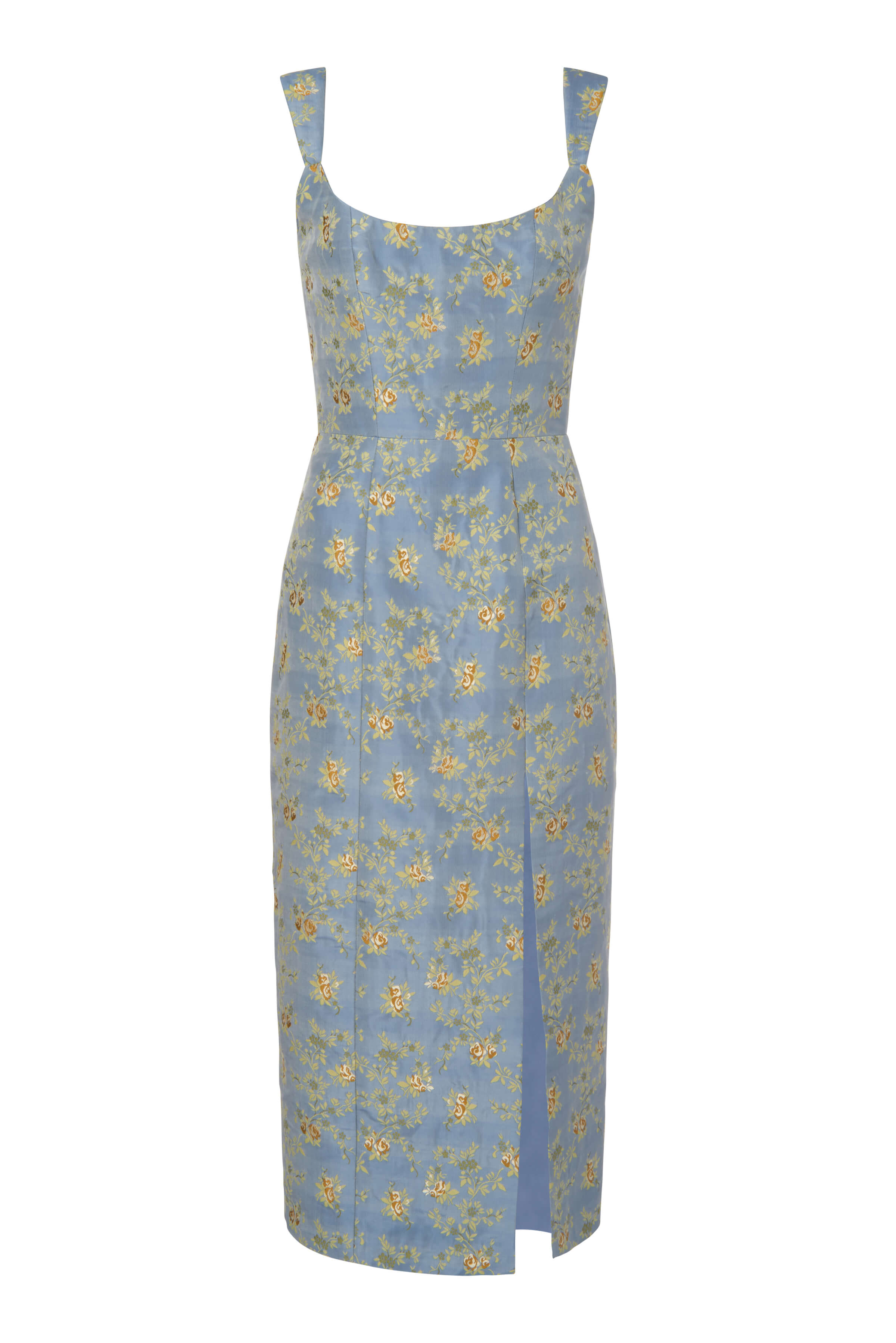 Claudette Blue Floral Brocade Corset Dress With Slit