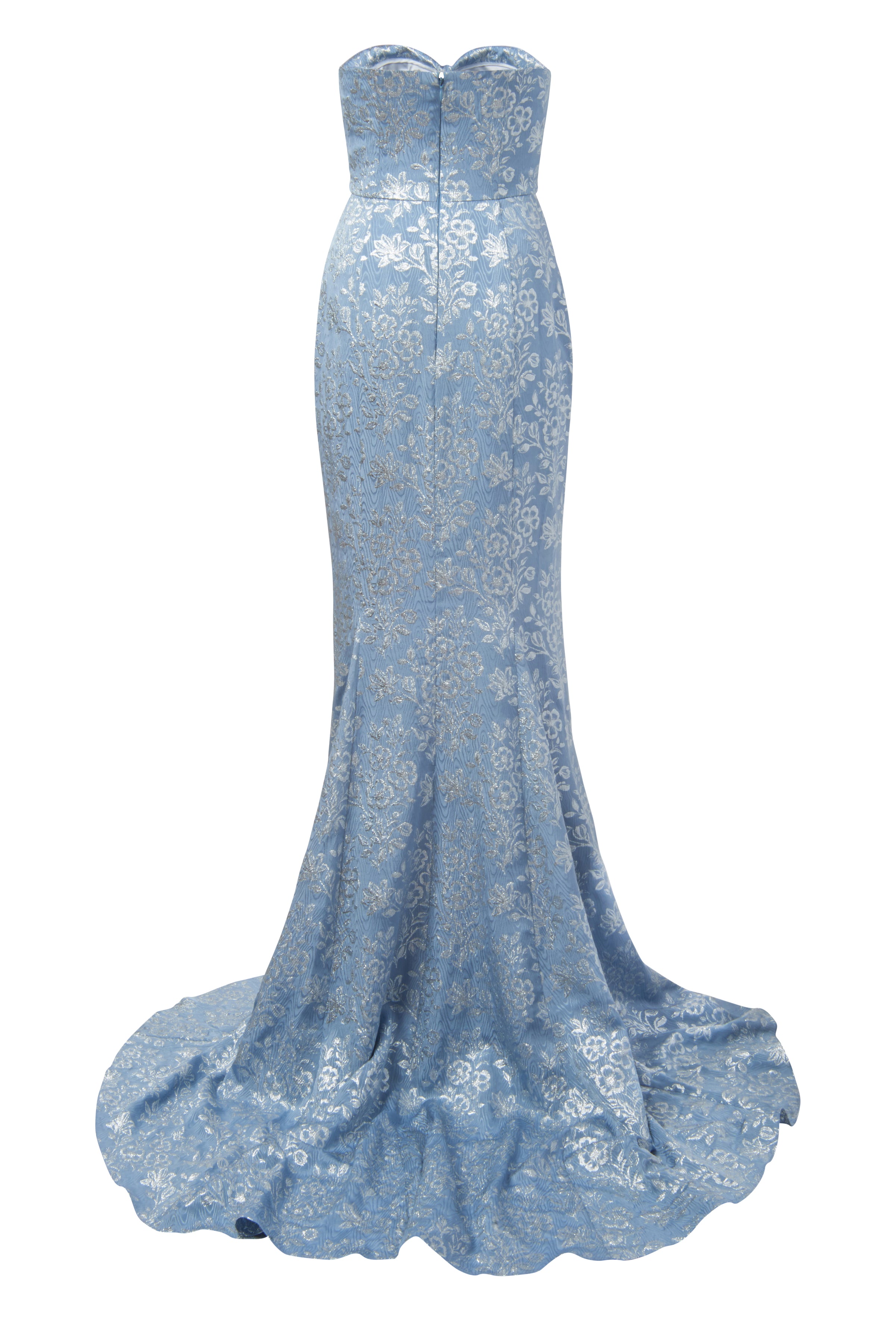 Leonora Blue Metallic Floral Strapless Gown With Sweetheart Neckline And Capelet