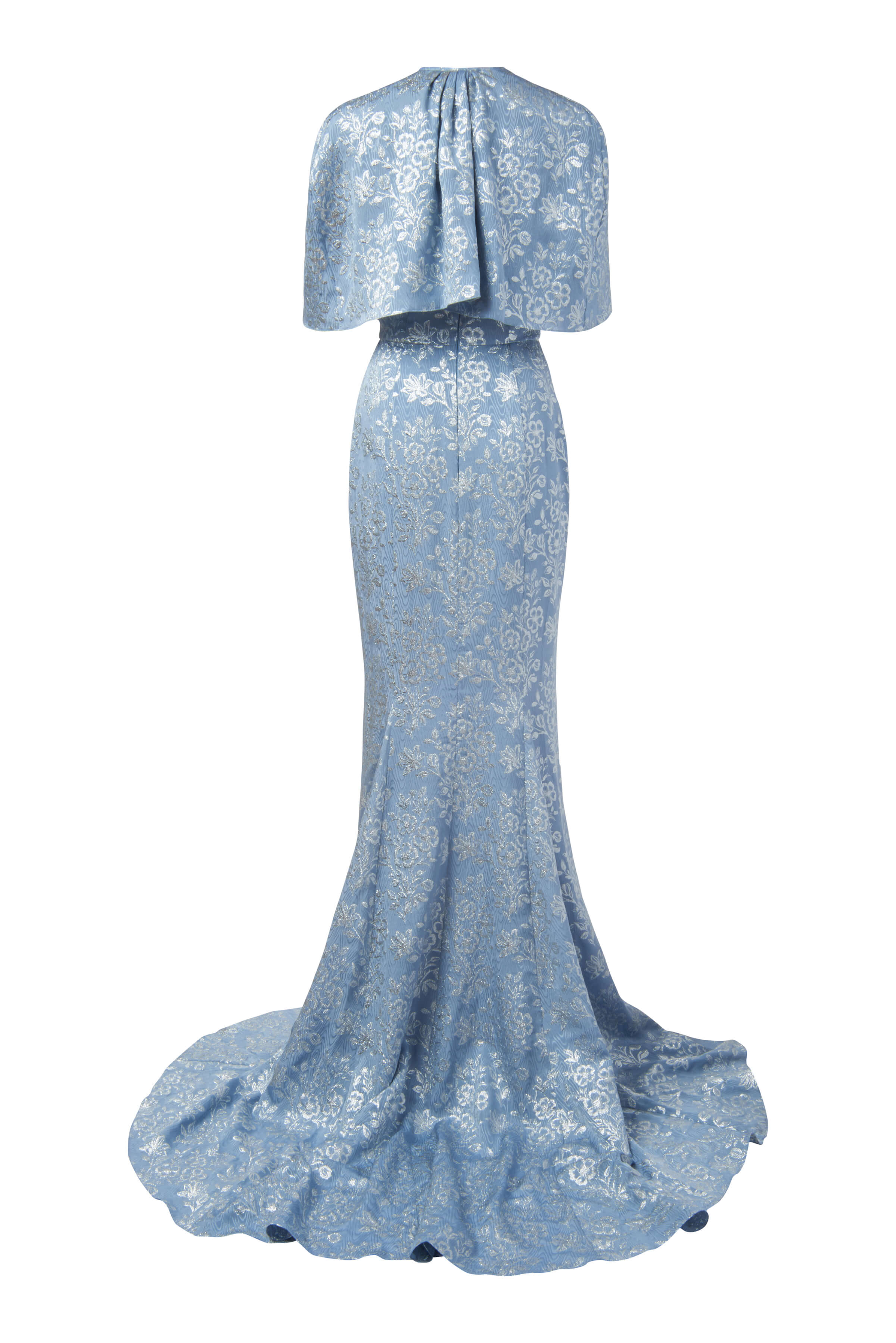 Leonora Blue Metallic Floral Strapless Gown With Sweetheart Neckline And Capelet