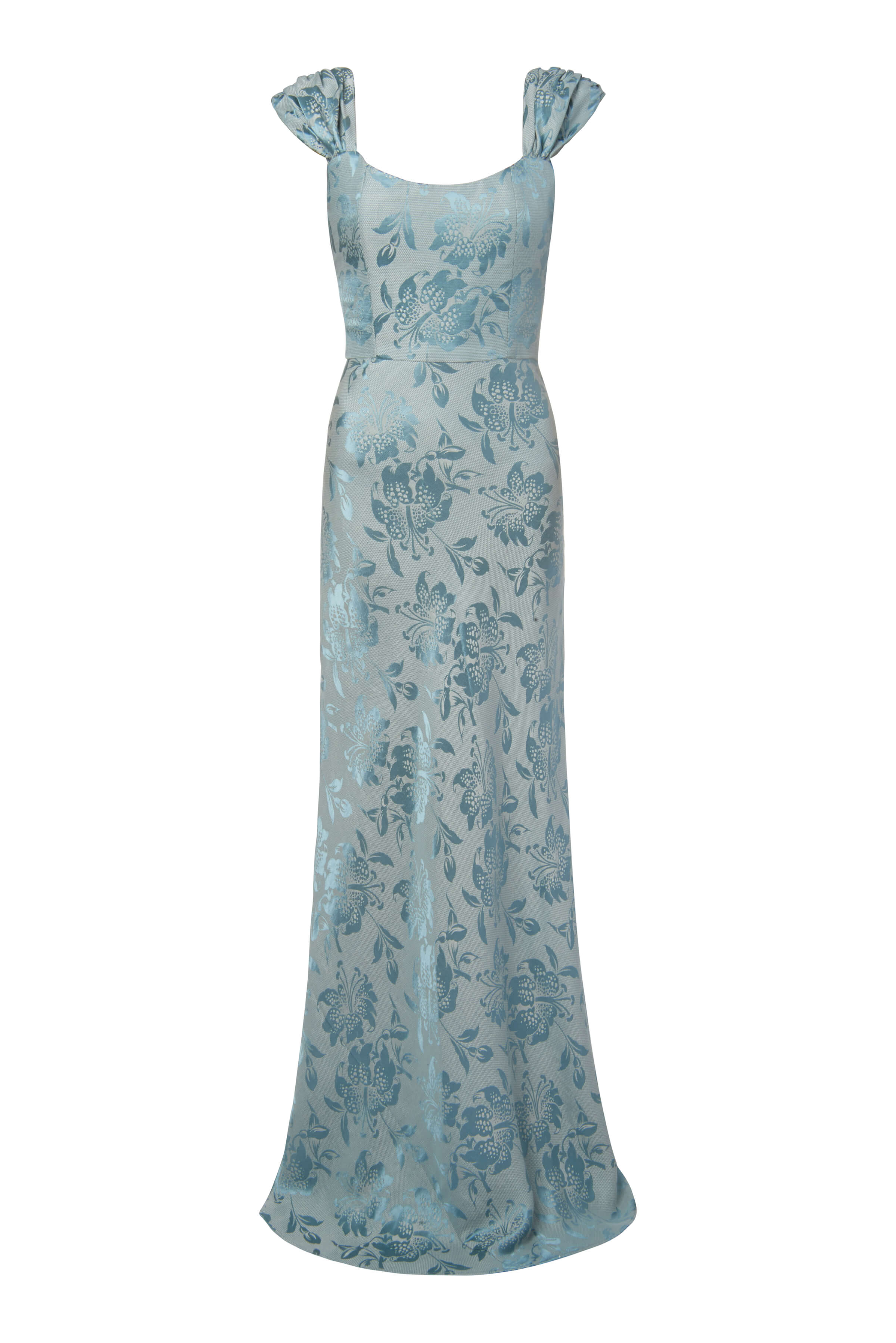 Florence Teal Floral Jacquard Gown With Arm Trains