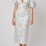 Yvette Ivory Metallic Brocade Puff Sleeve Dress