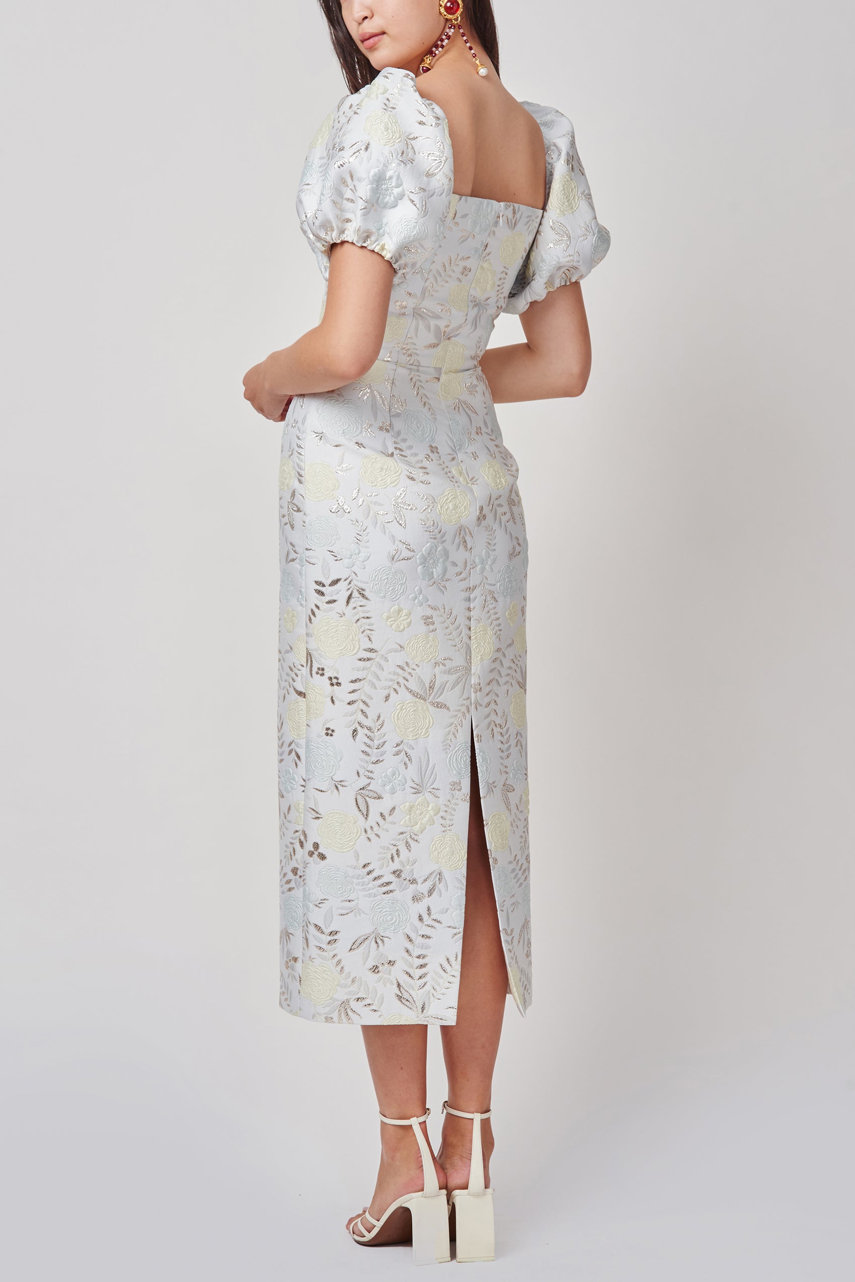 Yvette Ivory Brocade Puff Sleeve Dress