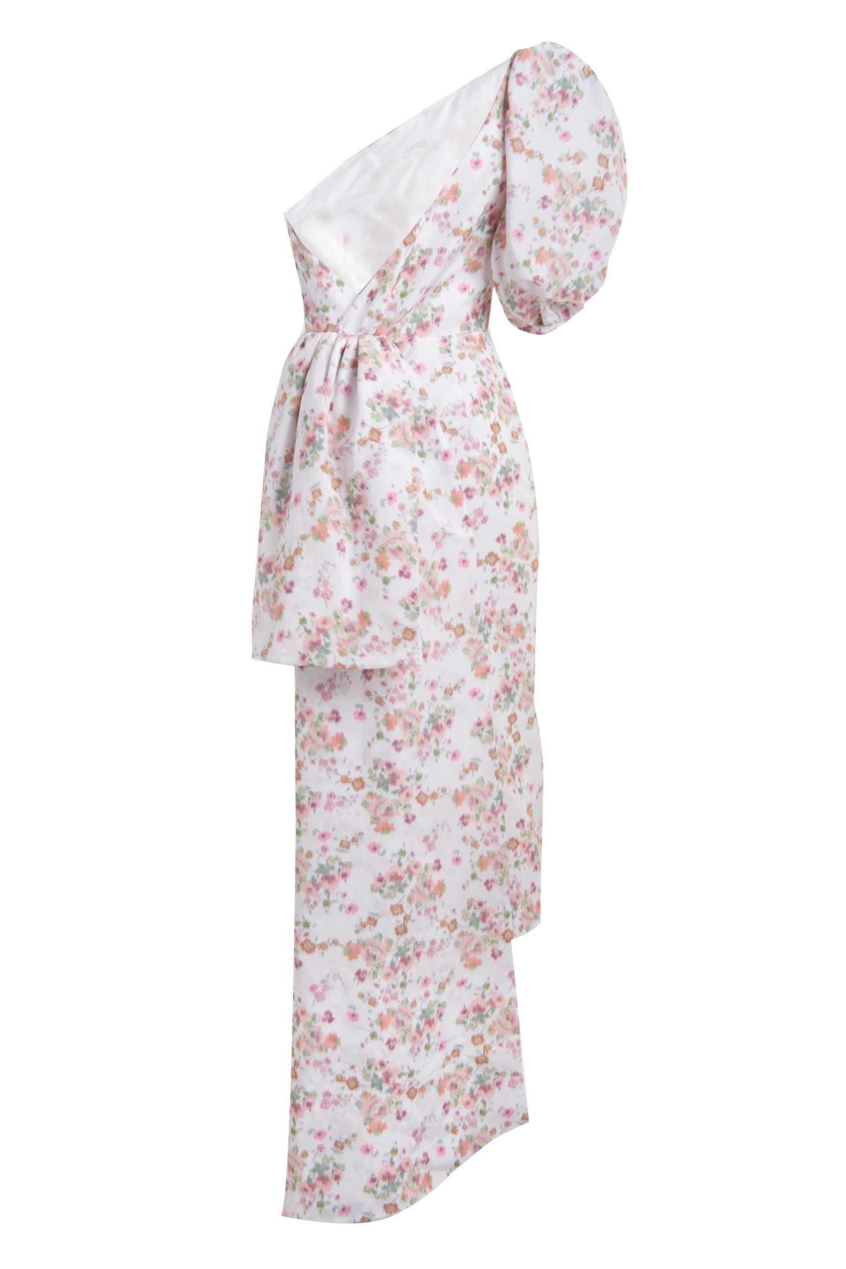Laurel One-Shoulder White Ikat Floral Dress with Sash Train