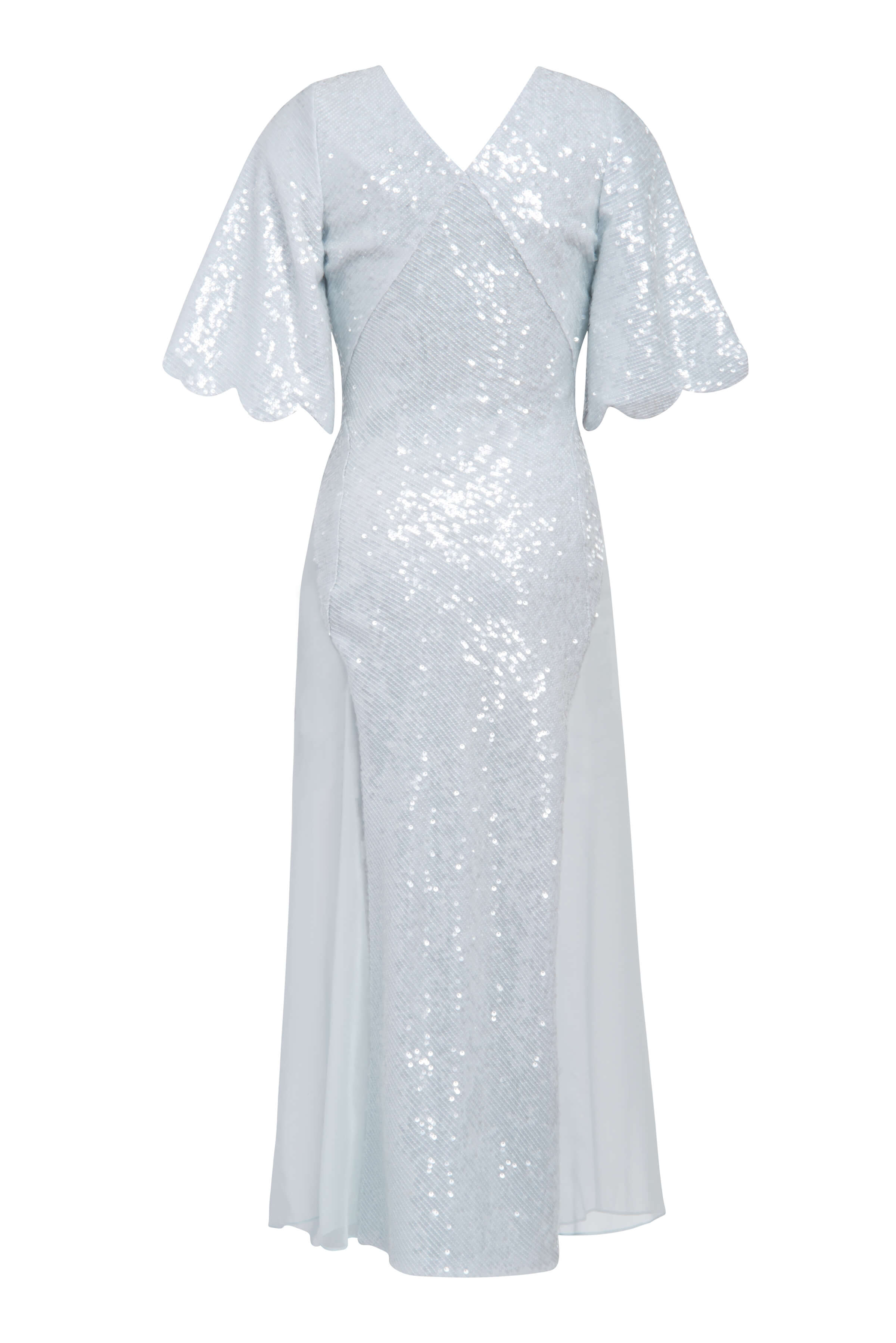 Emeline Light Blue Sequin Midi Dress With Scalloped Sleeves And Chiffon Panels