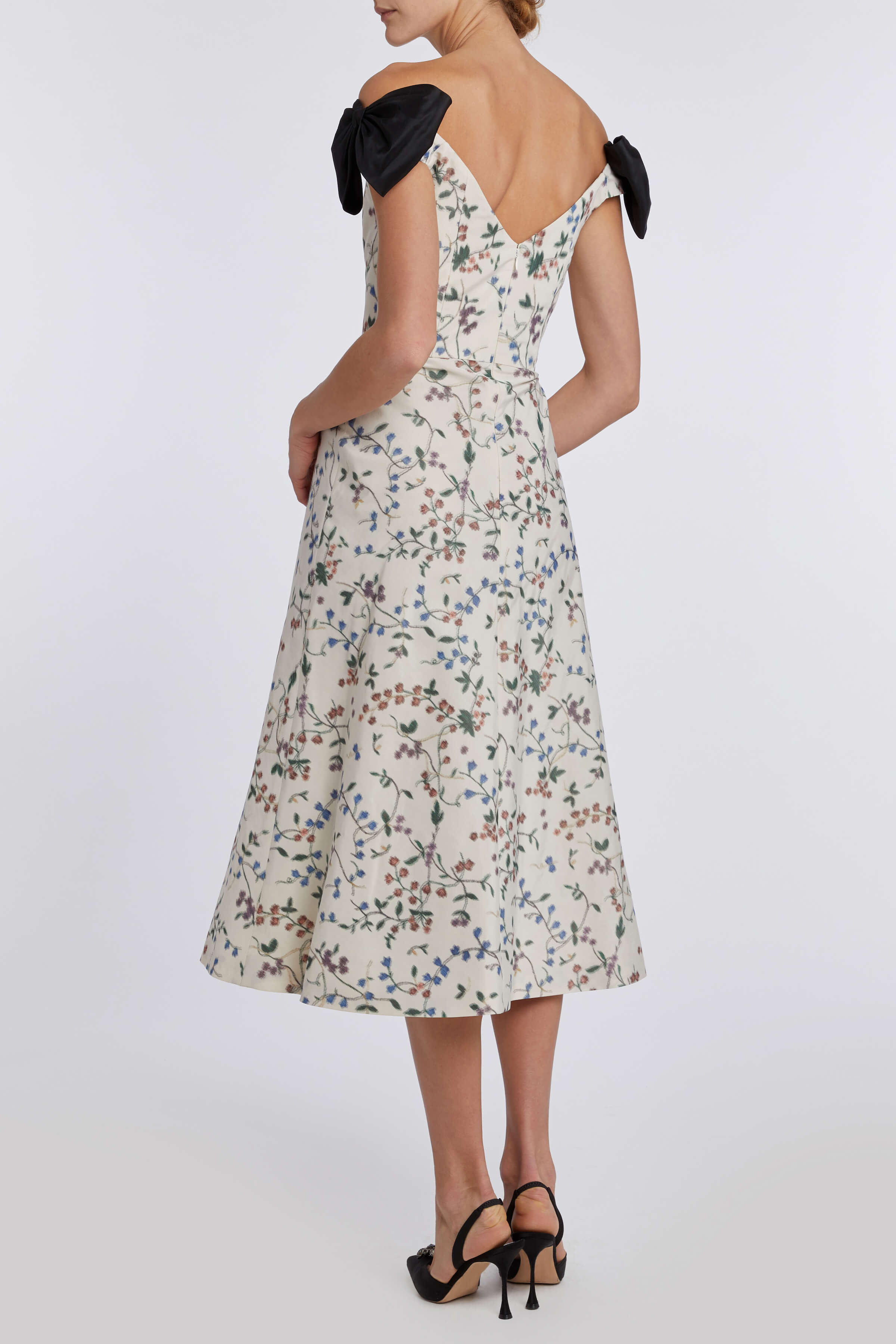Dawn Off White Vine Ikat Off-the-Shoulder Bow Midi Dress