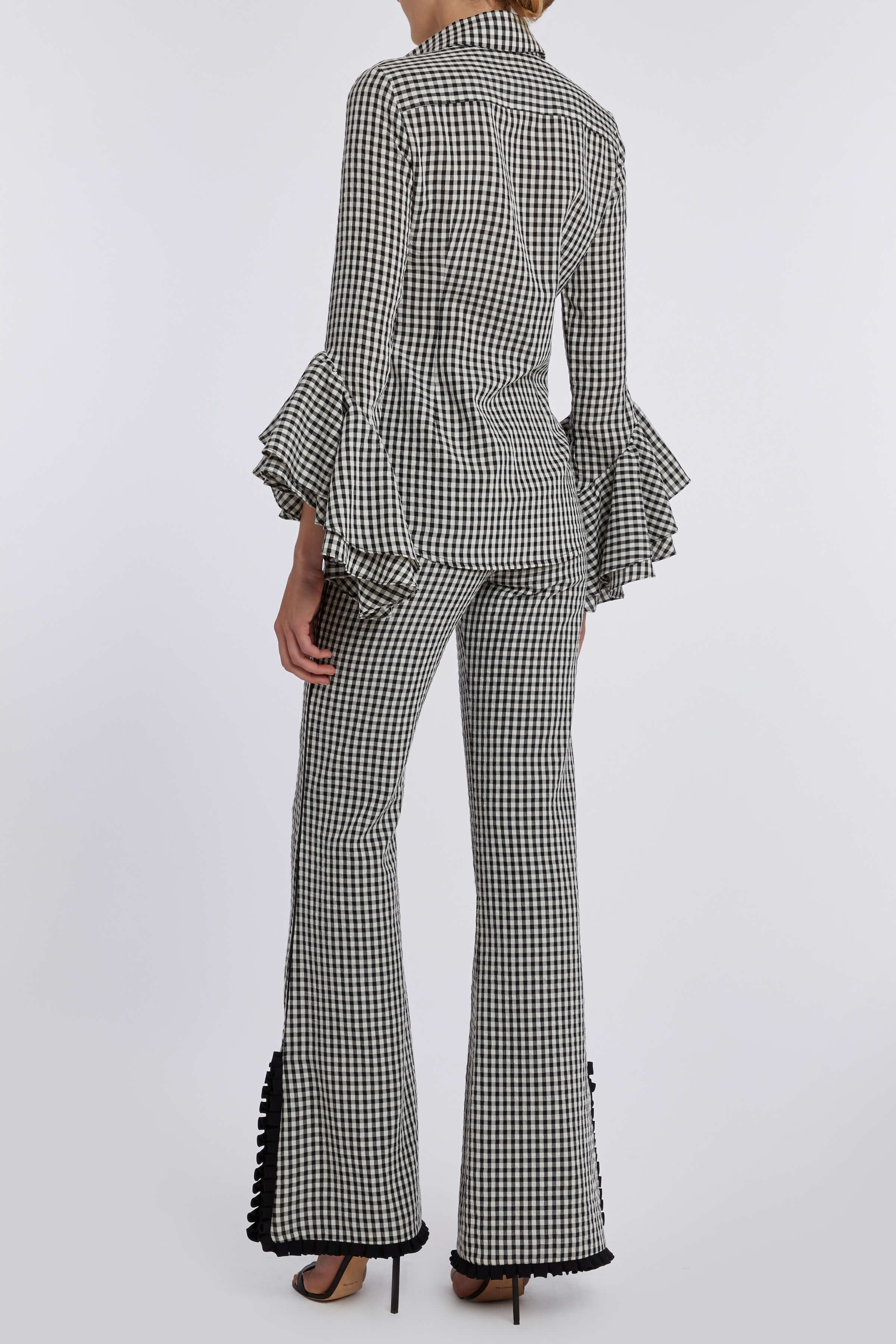 Nina Black and White Gingham Ruffled Sleeve Button Down Top