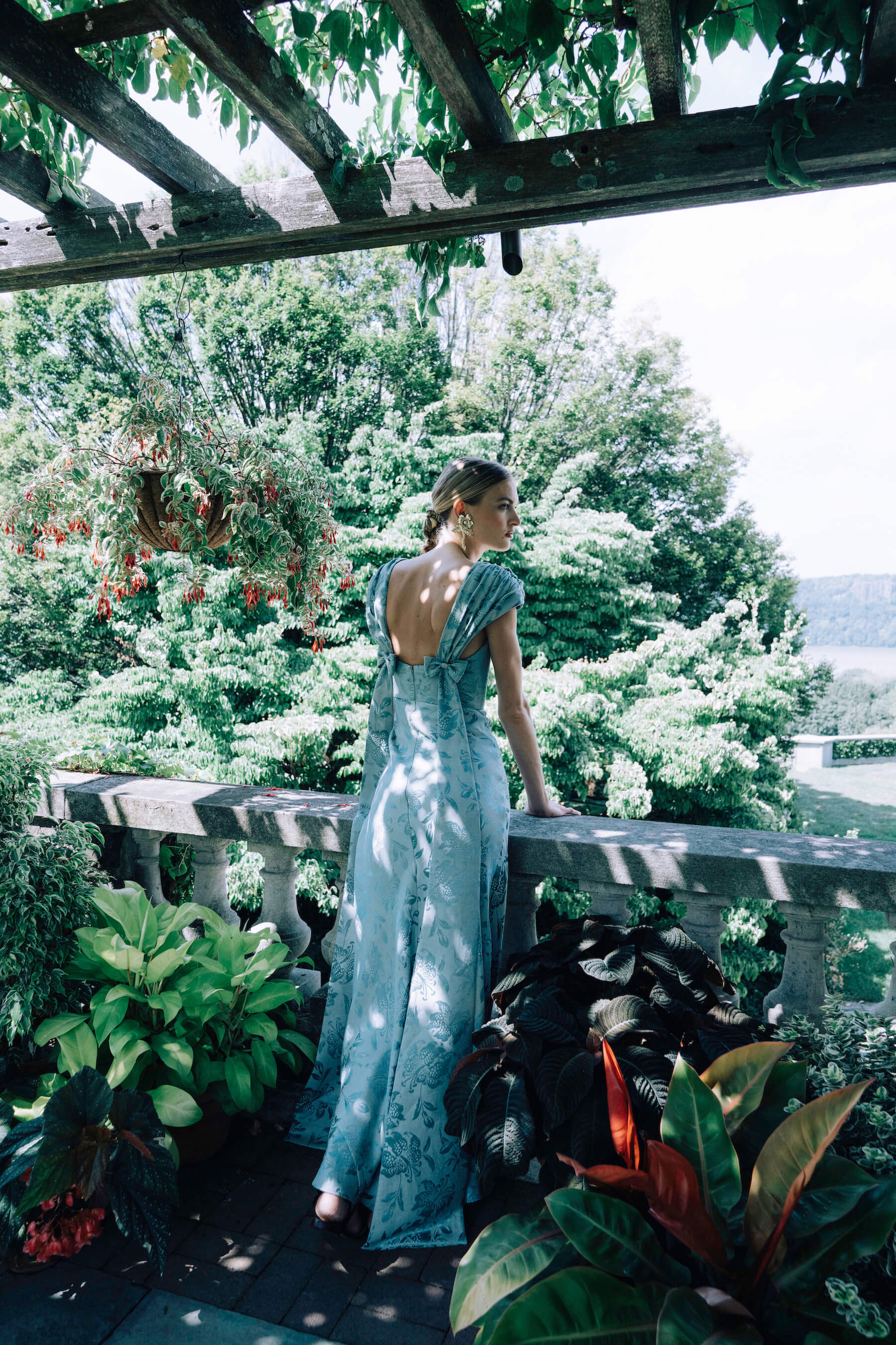 Florence Teal Floral Jacquard Gown With Arm Trains