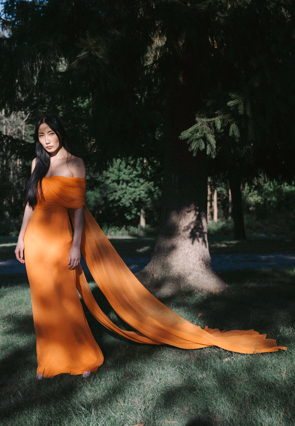 Anthea Tangerine Off-The-Shoulder Gown
