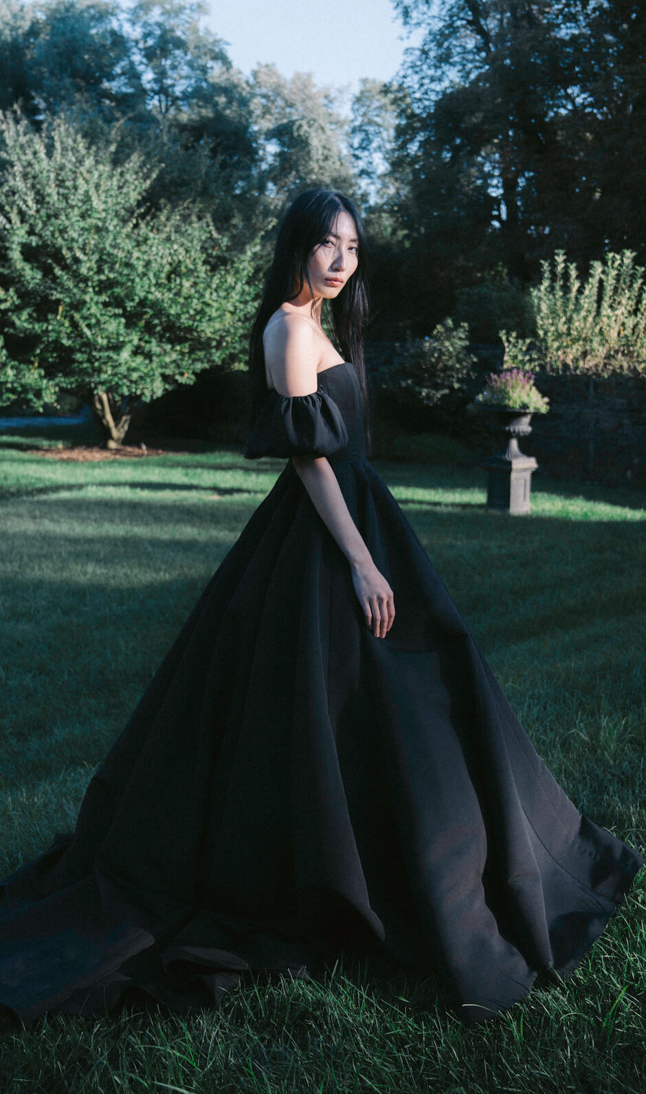 Thalia Black Silk Faille Gown With Off-The-Shoulder Puff Sleeves