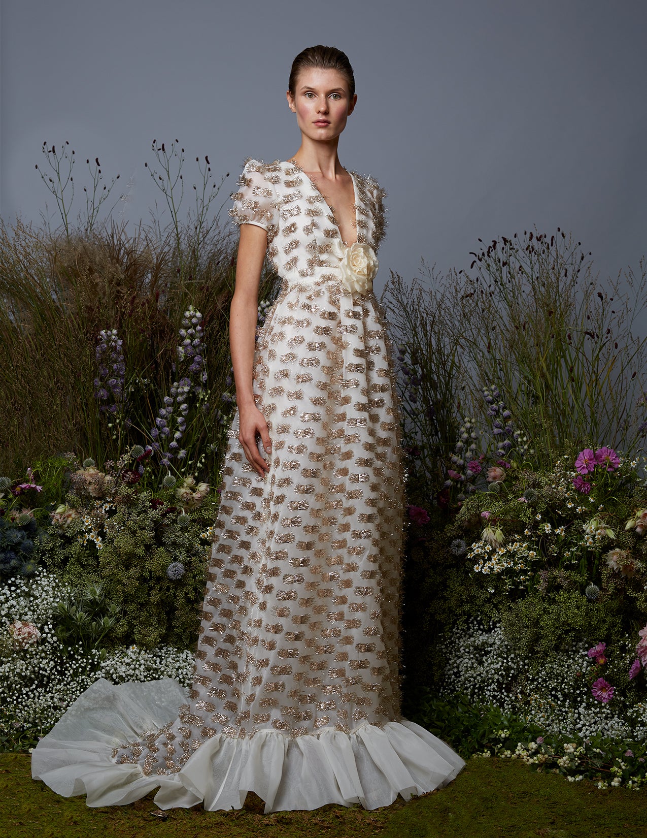 Shiny Gold Velvet Beaded White Lace Mermaid Prom Dress - Lunss
