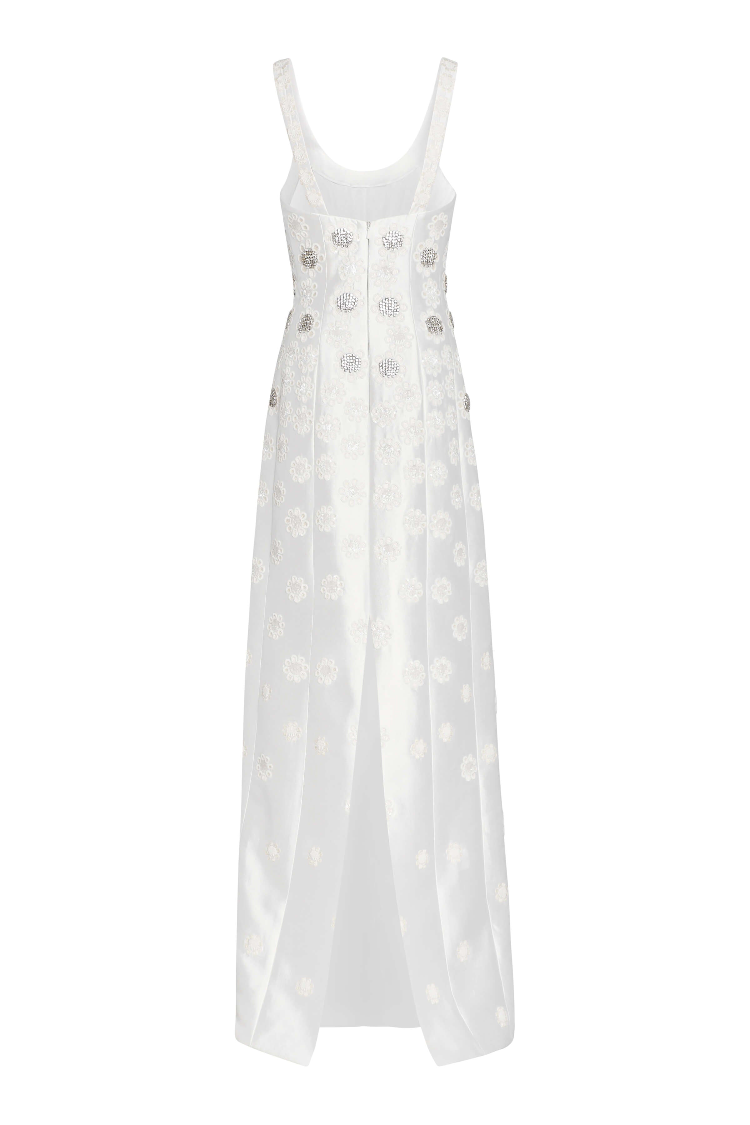Sylvie White Silk Paneled Column Gown With Daisy Beading