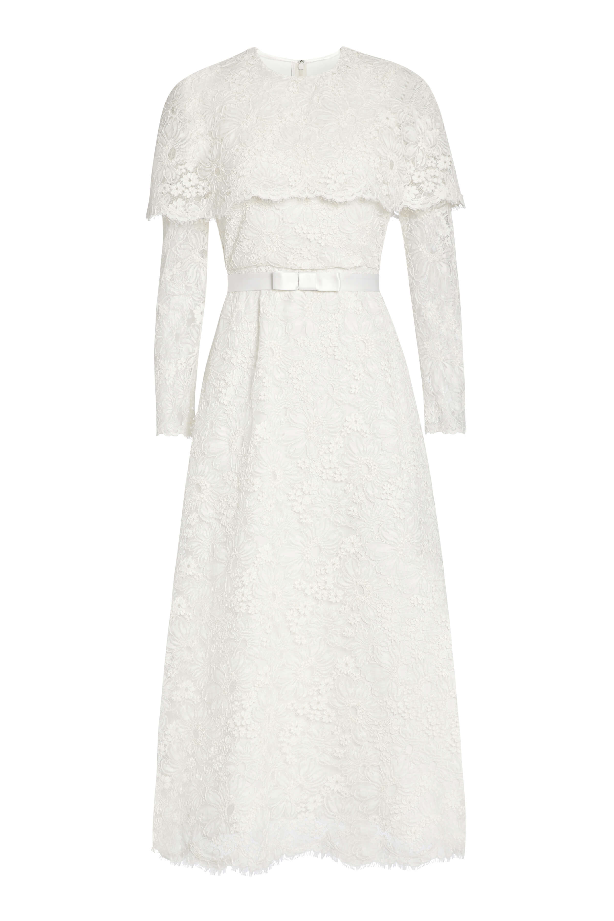 Vera White Lace Capelet Dress with Scalloped Hem